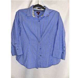 Talbots Haberdashery Blouse Size 12 Blue Poplin Stripe 3/4 Sleeve Button up